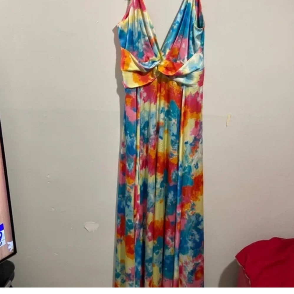 NWT Maxi Dress, Rainbow "Painting" Pattern, Wearable Art, Pride,Low Cut Neckline